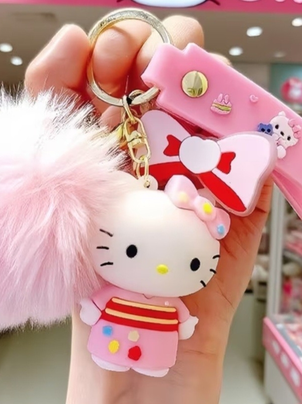 Hello Kitty Pink Fluffy Pom Keychain with Bow Charm, 3 Piece